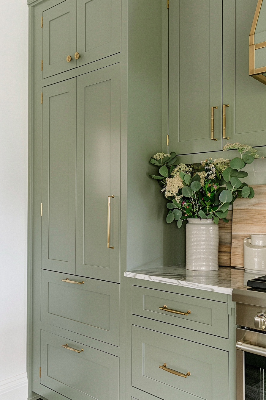 Elegant sage green kitchen cabinetry with gold hardware, white marble countertop, and vase with greenery.