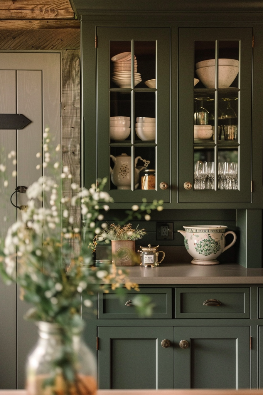 A cozy kitchen corner with green wooden cabinetry displaying ceramics, glasses, and a blurred foreground of white flowers in a jar.