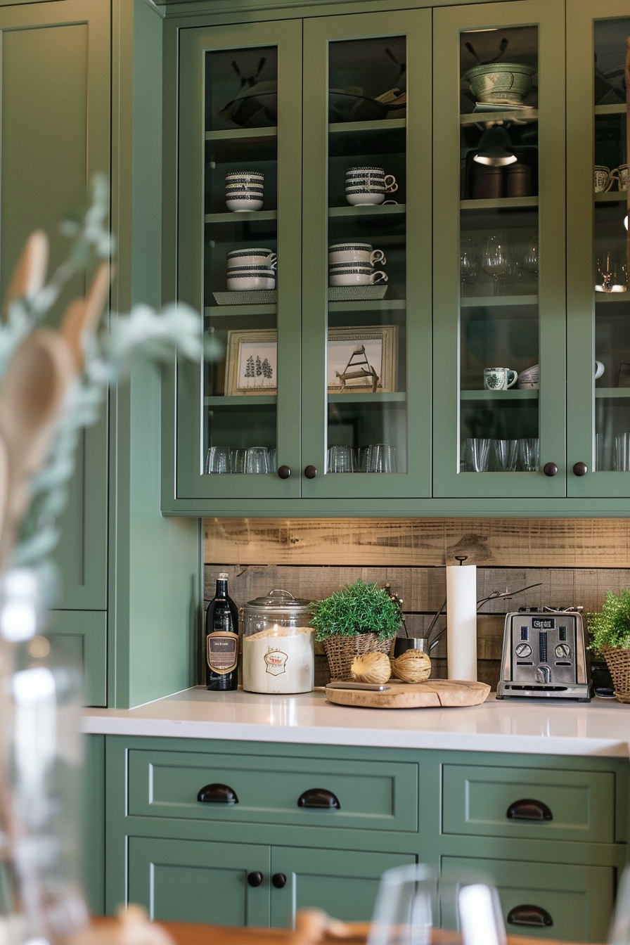 A stylish kitchen with green cabinetry, cupboards filled with dishes, and countertops displaying appliances and decorative plants.