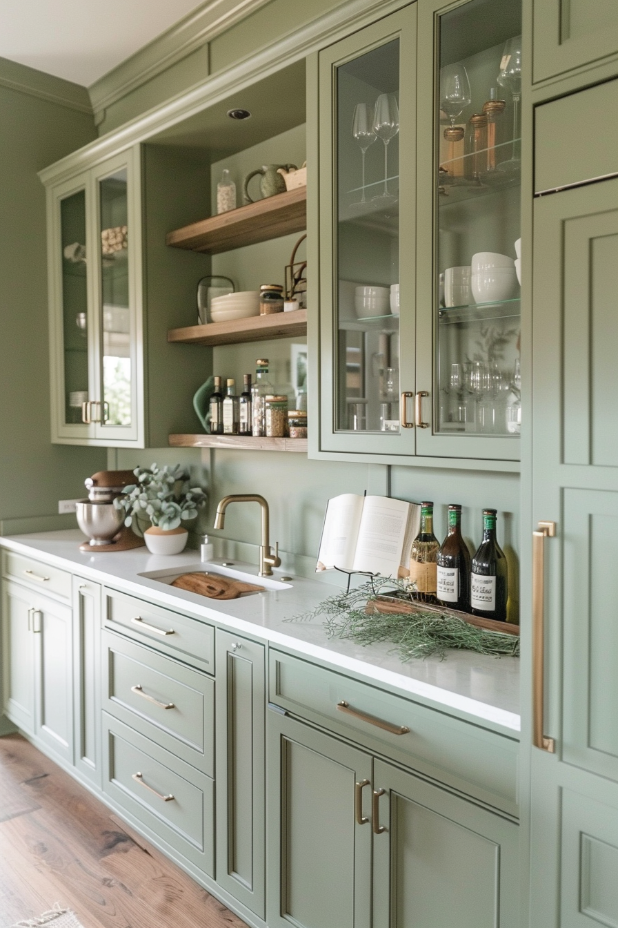 Elegant kitchen interior with sage green cabinetry, brass fixtures, floating shelves, and neatly arranged dishware and bottles.