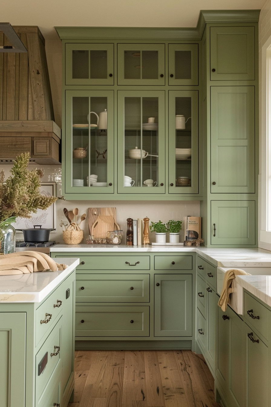 A cozy kitchen corner featuring sage green cabinetry with glass doors, marble countertops, and wooden utensils on display.