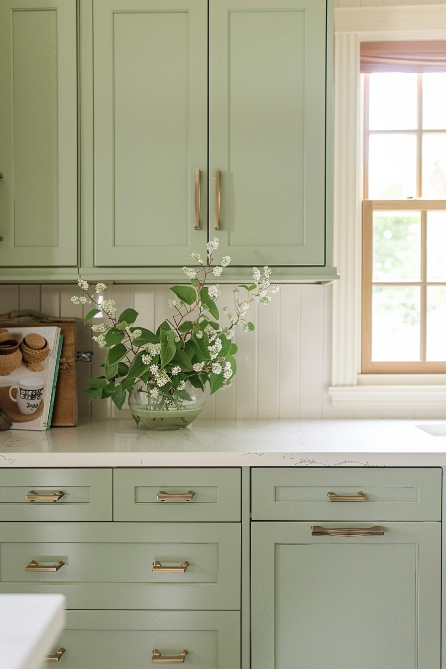 A kitchen scene with green cabinets, gold handles, a glass vase with white flowers, and a glimpse of a bright window.