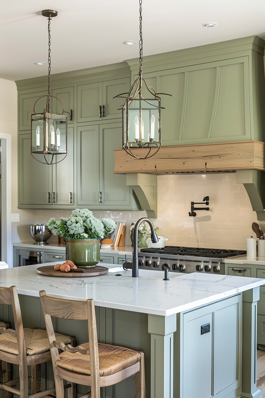 ALT: A modern kitchen with sage green cabinetry, white countertops, two pendant lights, and a wooden range hood.