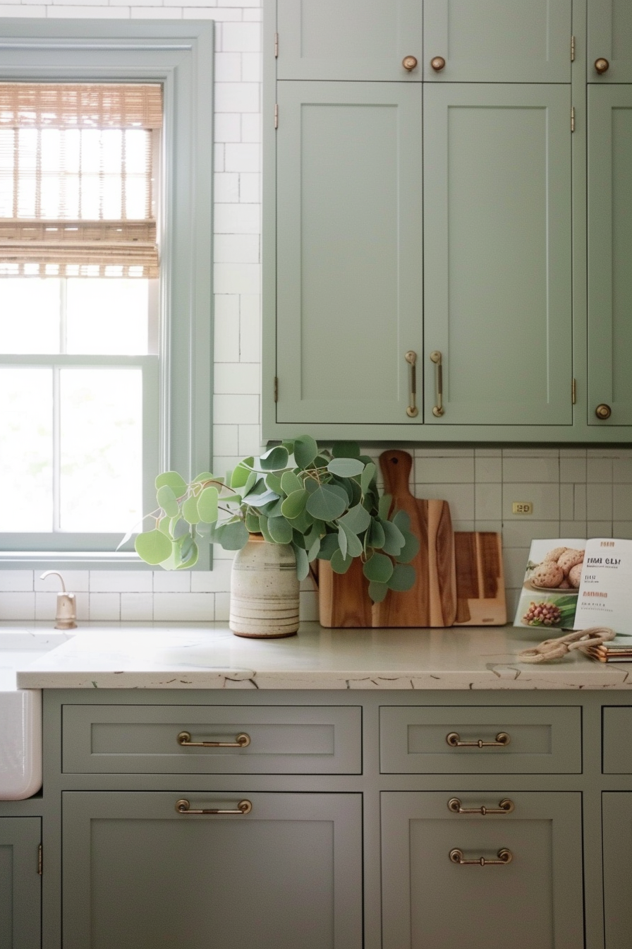A cozy kitchen with pastel green cabinetry, white countertops, a potted plant, wooden cutting boards, and a recipe book.