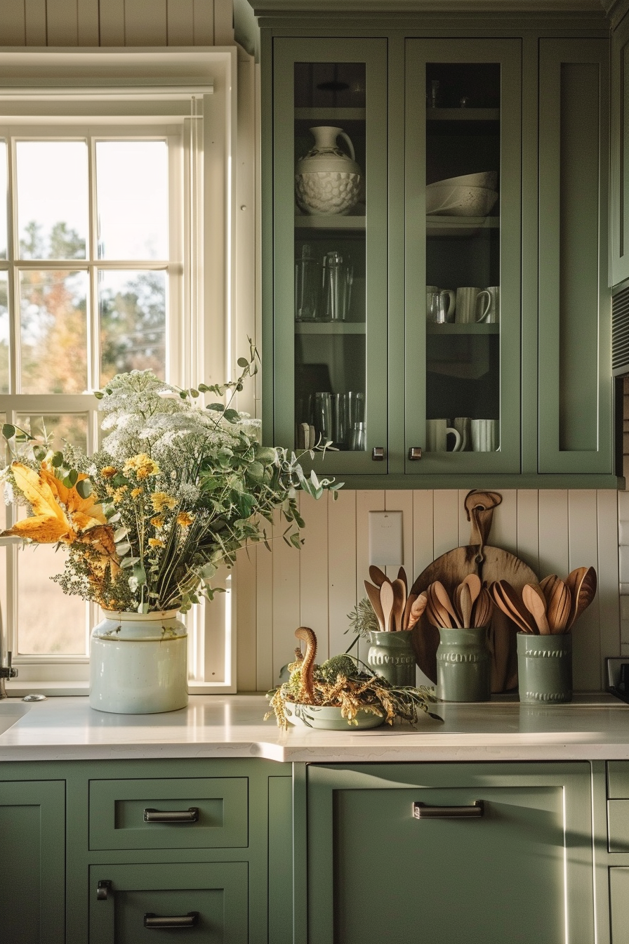 Sunlit kitchen corner with green cabinets, a bouquet of flowers on the counter, and wooden utensils.