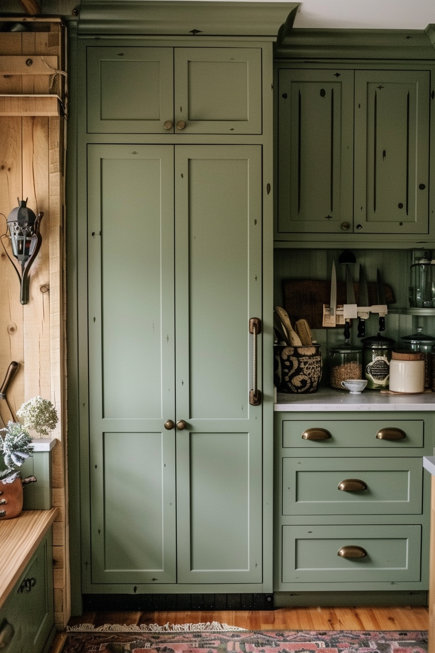 ALT: A cozy kitchen corner with sage green cabinets, brass handles, a woven rug, and rustic wooden countertops.