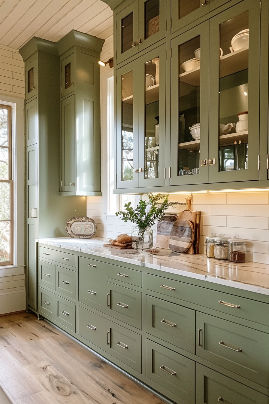 Elegant kitchen interior with green cabinetry, marble countertop, and modern under-cabinet lighting.