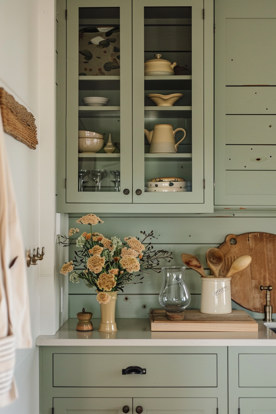 A cozy kitchen corner with a sage-green cupboard filled with pottery, glasses, and a teapot alongside a vase of flowers and cooking utensils.