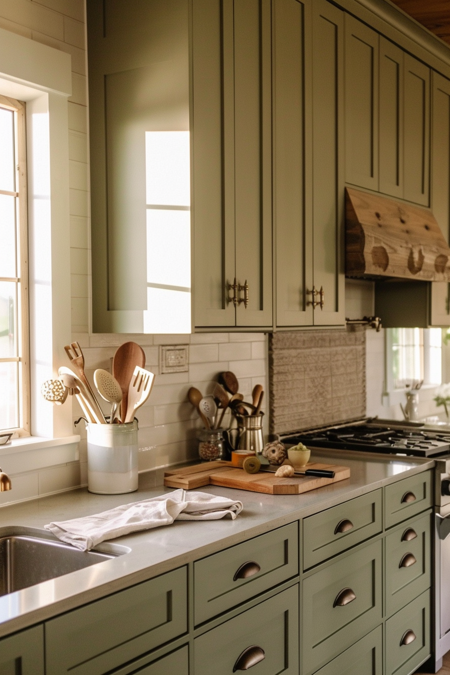 Cozy kitchen interior with sage green cabinetry, wooden countertops, and cooking utensils by the window.