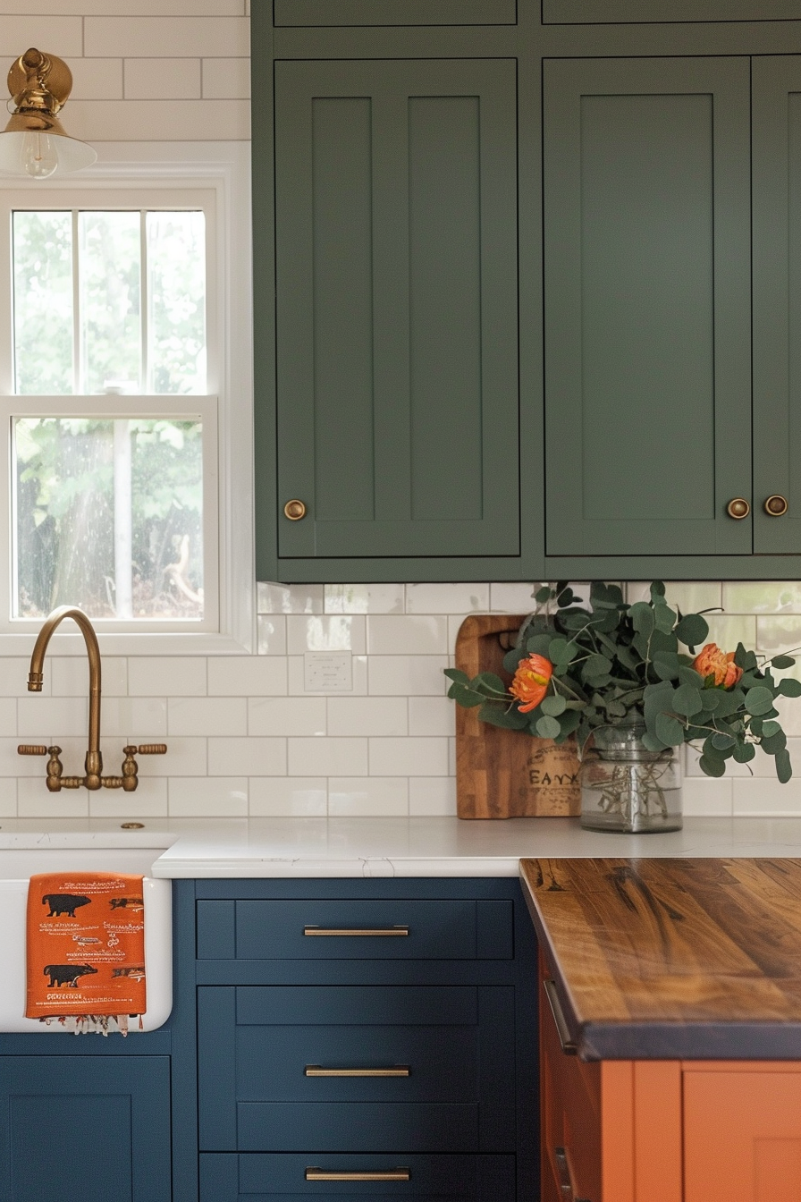 A stylish kitchen interior with green upper cabinets, a brass faucet, white subway tiles, blue lower cabinets, and wooden countertops.