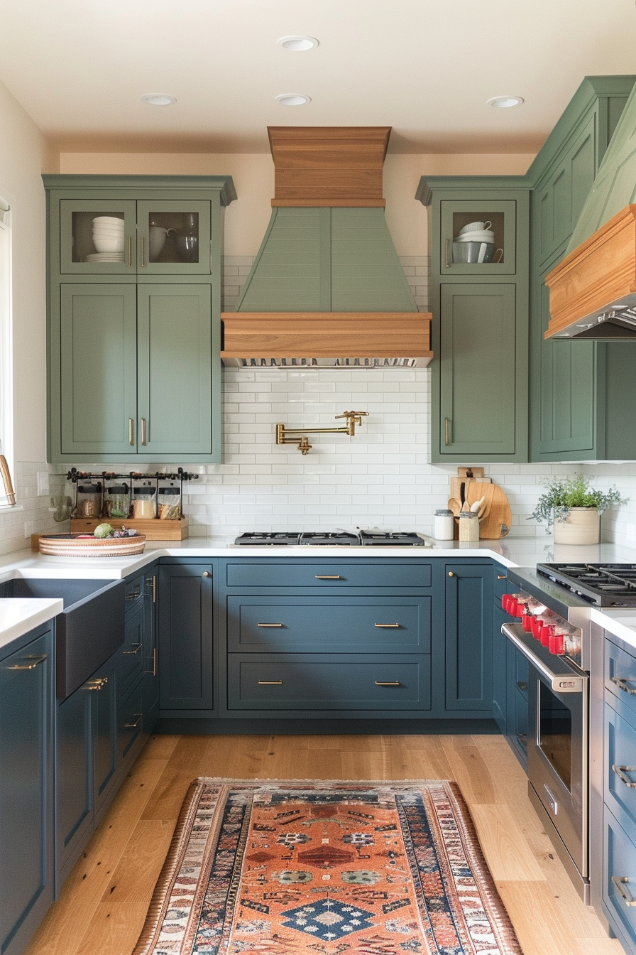 A stylish kitchen with teal cabinets, subway tile backsplash, wooden accents, and brass fixtures, complemented by a decorative rug.