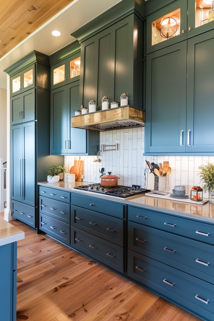 A modern kitchen with teal cabinets, stainless steel appliances, wood accents, and hardwood floors.