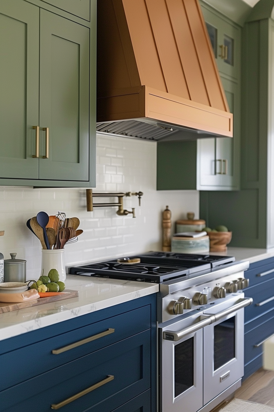 Modern kitchen interior with green upper cabinets, blue lower cabinets, stainless steel appliances, and a copper range hood.