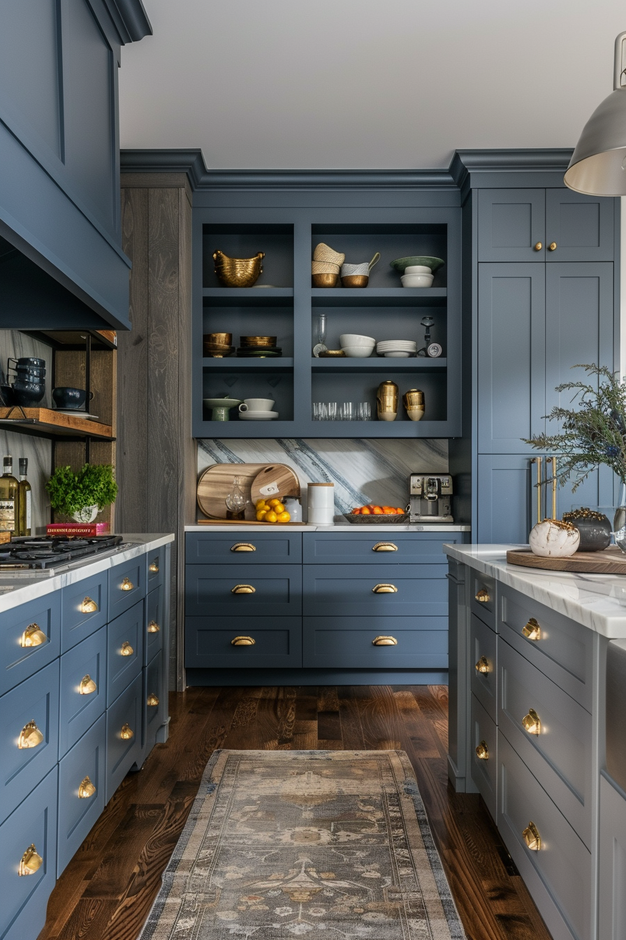 Elegant kitchen with blue cabinetry, gold handles, and open shelves filled with dishes, with a herringbone wood floor and a pendant light.