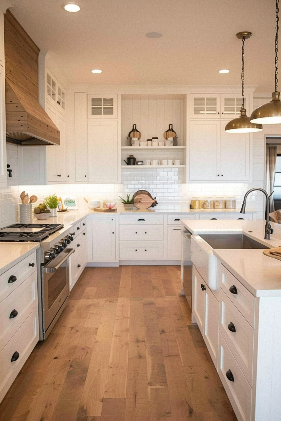 Modern kitchen interior with white cabinetry, subway tile backsplash, hardwood floors, and pendant lighting.