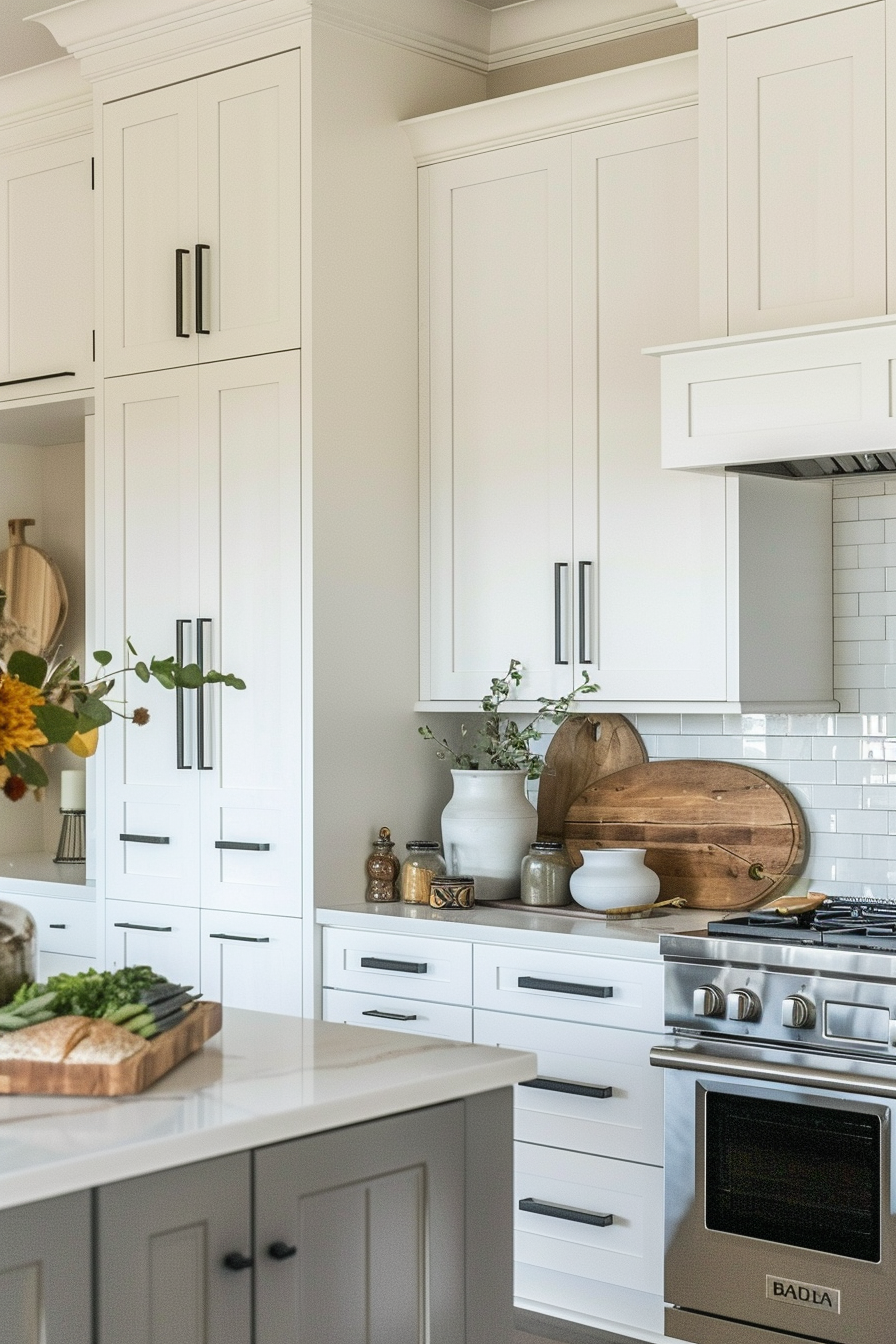 Modern kitchen with white cabinets, stainless steel appliances, subway tile backsplash, and wooden décor accents.