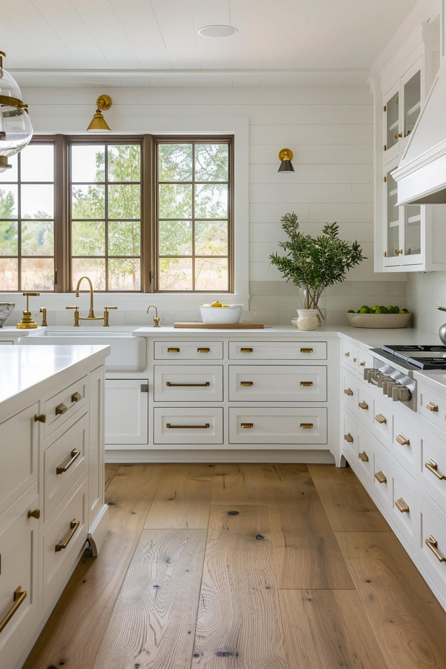 A bright, modern kitchen with white cabinetry, gold hardware, natural wood floors, and a window with a view of greenery.