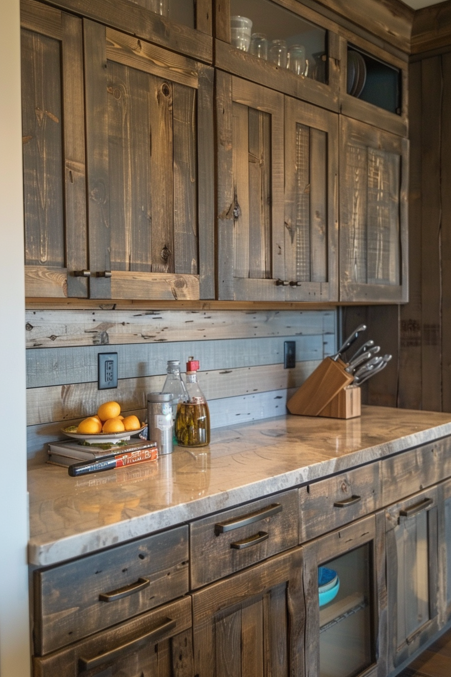 Rustic kitchen interior with weathered wooden cabinetry, marble countertop, and cooking utensils. A bowl of oranges adds a pop of color.