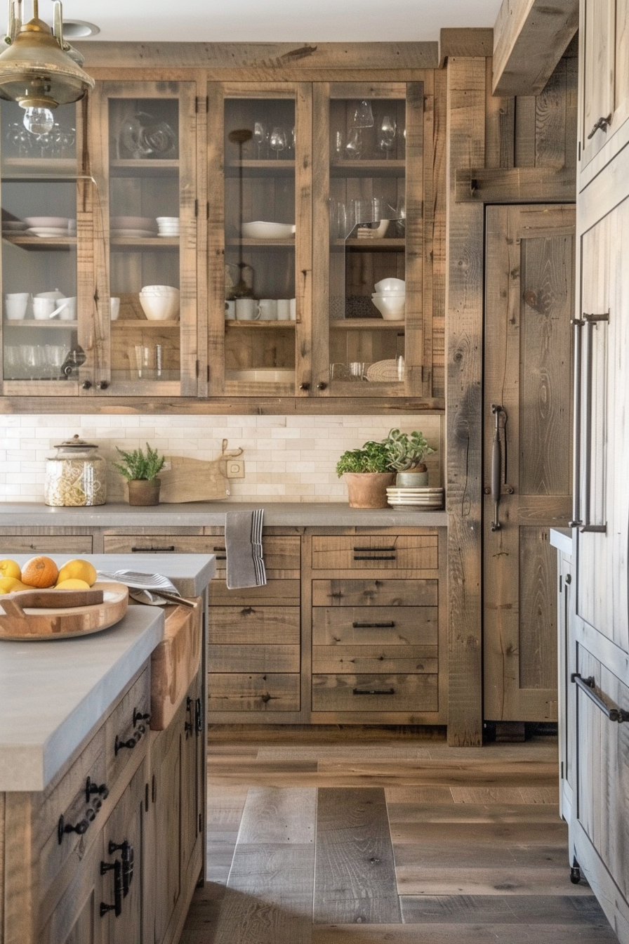 Rustic kitchen interior with wooden cabinetry, countertops, and a glass-door cabinet filled with dishes, accented by warm lighting.
