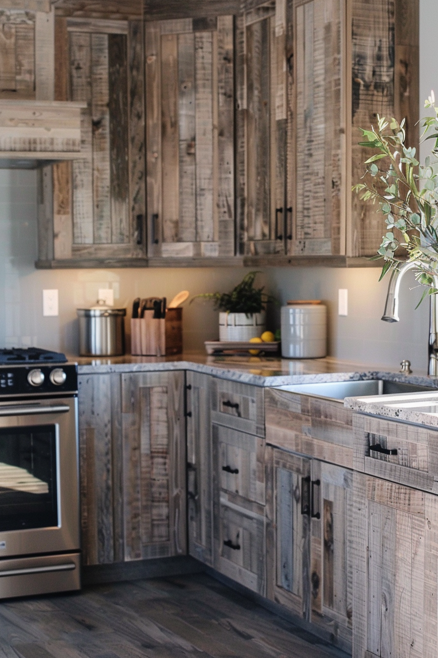 Rustic kitchen interior with distressed wood cabinetry, stainless steel appliances, and decorative greenery.