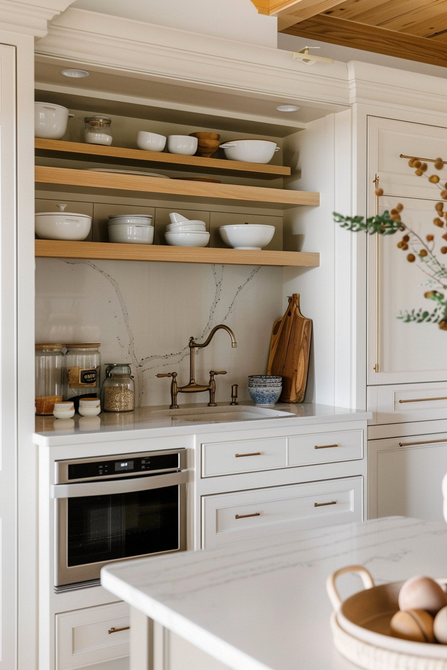 ALT Text: "Elegant white kitchen interior with wooden floating shelves holding white bowls and jars, a brass faucet, and a built-in oven."