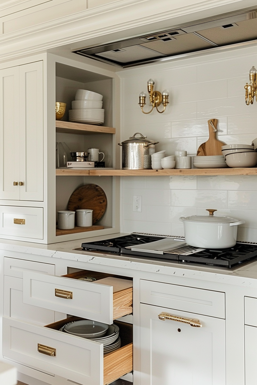 A modern kitchen with white cabinetry, gold accents, and neatly arranged dishes on open shelving above a gas stovetop.