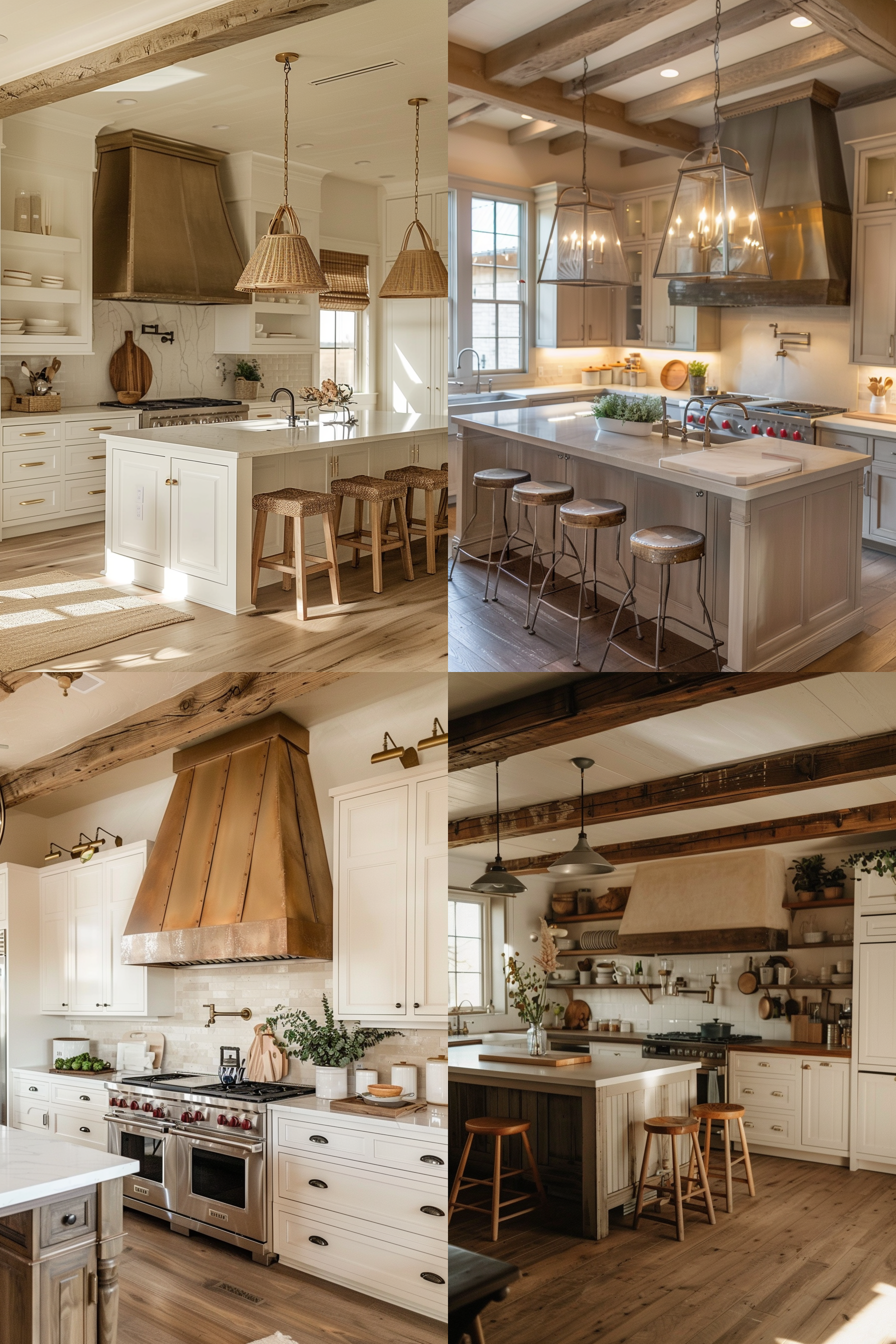 Collage of four cozy kitchen interior images with rustic wooden beams, copper hood, and farmhouse decor.