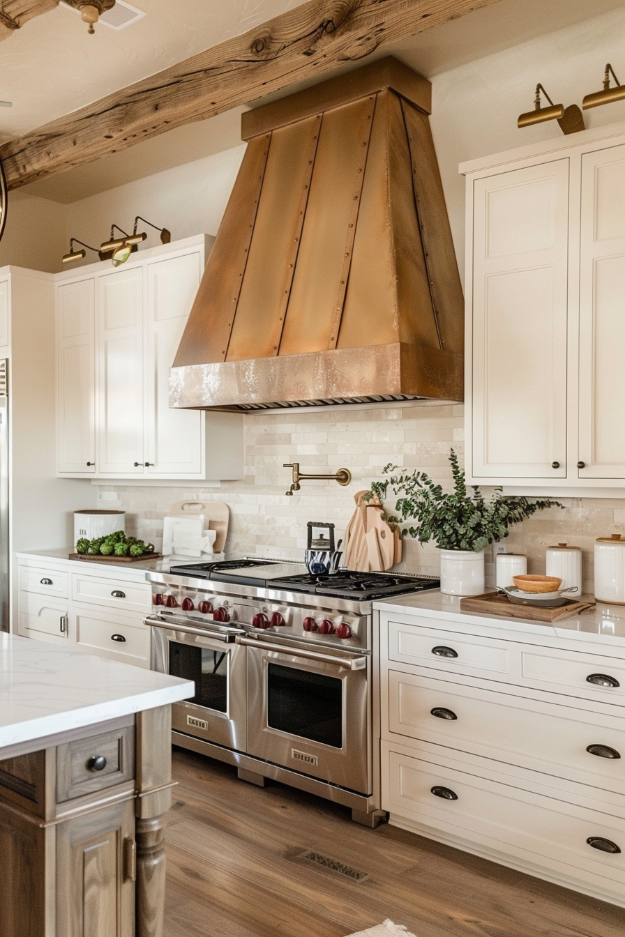 A stylish kitchen with white cabinetry, stainless steel appliances, a copper range hood, and decorative wooden beams.
