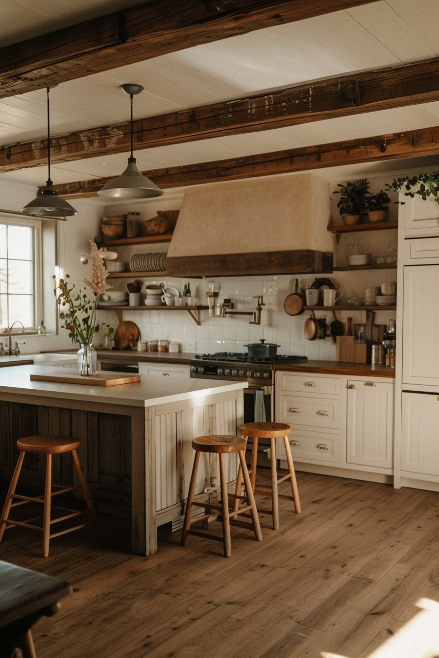 Cozy kitchen interior with wooden beams, white cabinets, floating shelves, a center island with stools, and hanging pendant lights.