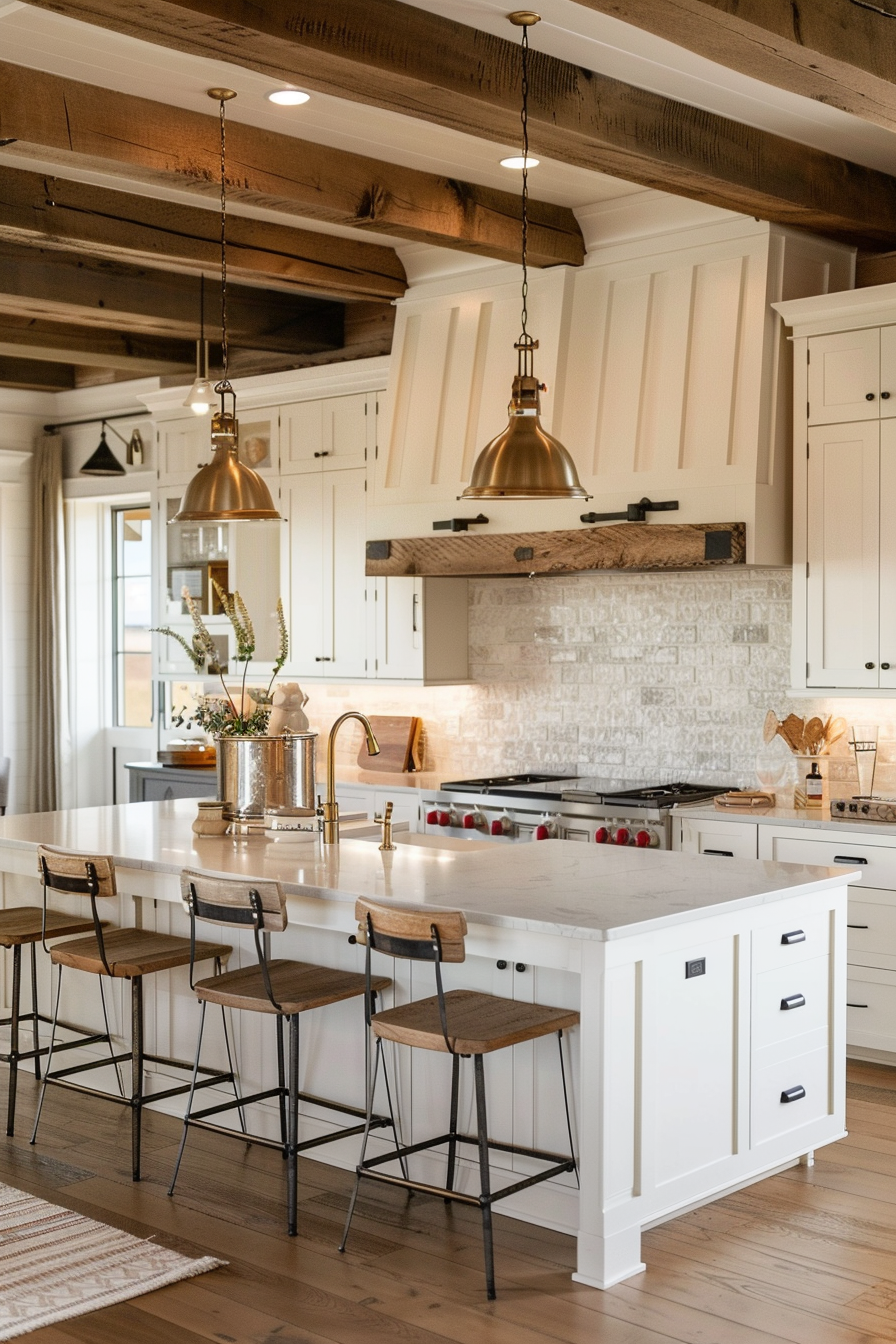 A cozy kitchen interior with white cabinetry, wooden beams, pendant lights, a central island with stools, and hardwood flooring.