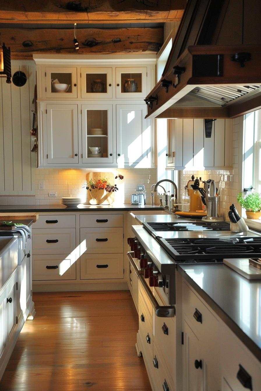 Cozy kitchen interior with white cabinets, hardwood floors, and a gas stove, bathed in warm natural light.