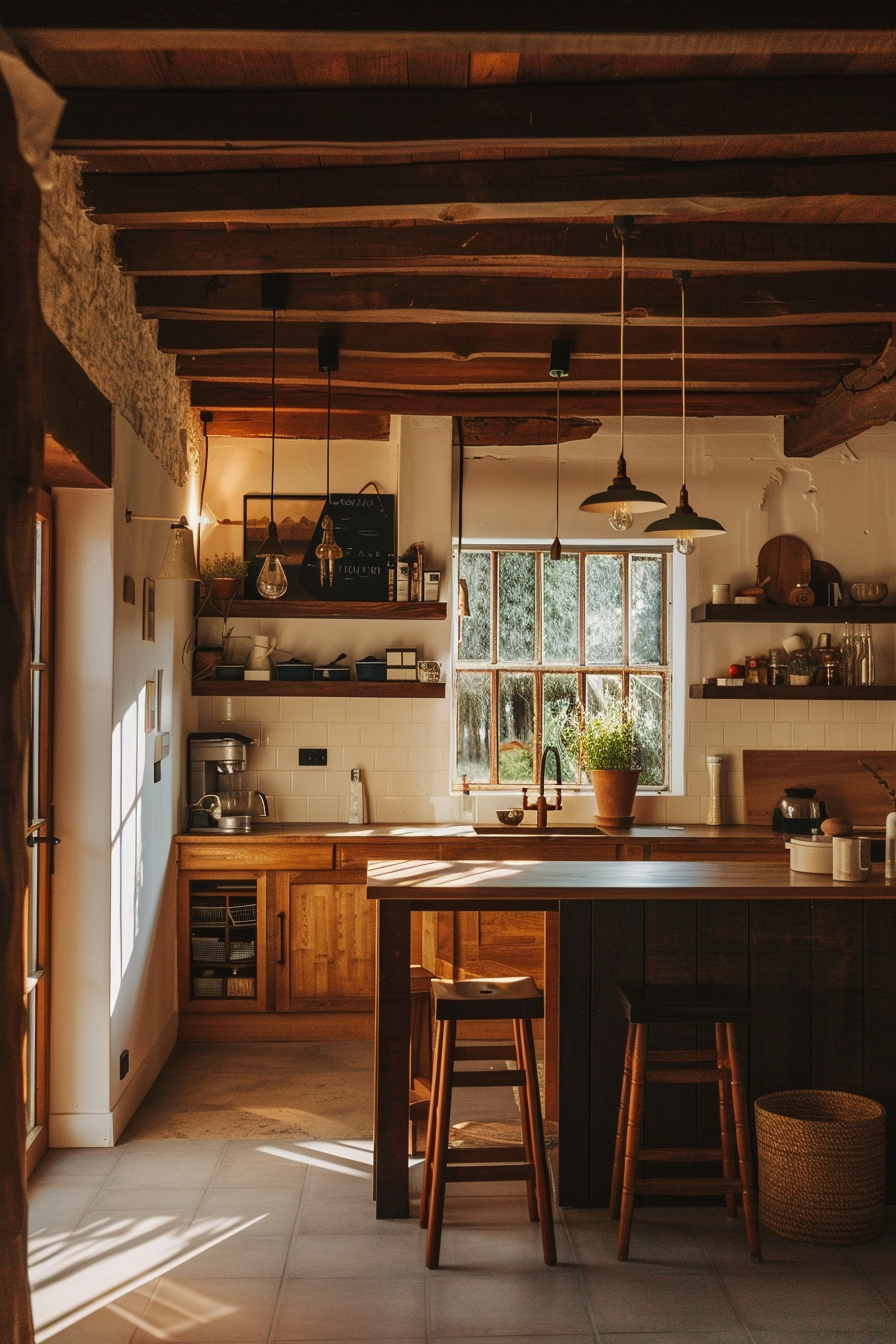 Cozy rustic kitchen interior with wooden cabinets, bar stools, and sunlight streaming through a large window.