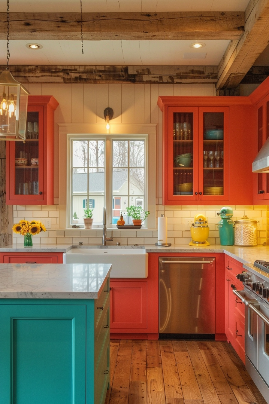 Bright kitchen interior with red cabinets, a turquoise island, stainless steel appliances, and wooden flooring.