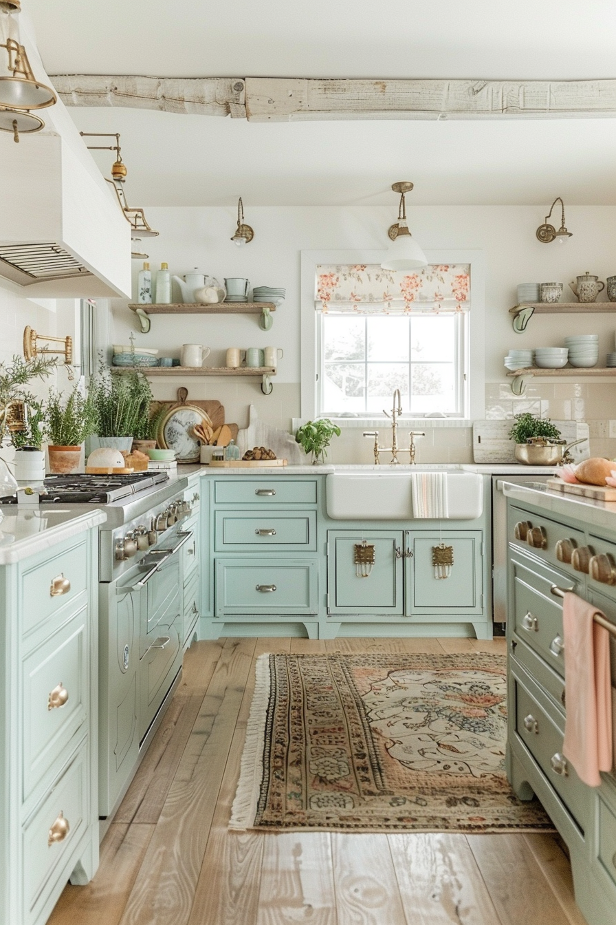 A cozy kitchen with pastel blue cabinets, wooden countertops, open shelving, and vintage lighting, accentuated by a decorative rug.