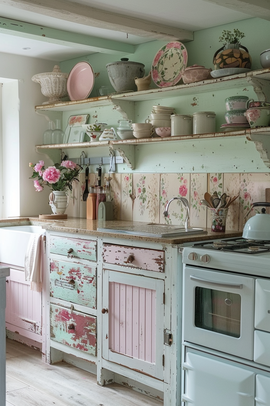 "Vintage-style kitchen with pastel-colored cabinets, open shelves displaying various dishes, and a white stove; floral patterns add a cozy touch."