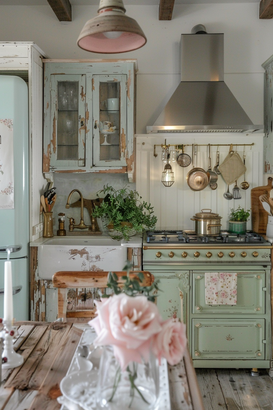 Vintage-style kitchen with distressed cabinets, hanging pots and pans, and a bouquet of pink roses on a wooden table.