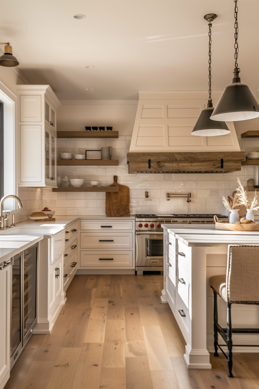 A cozy kitchen interior with white cabinetry, wood accents, and pendant lighting over an island.