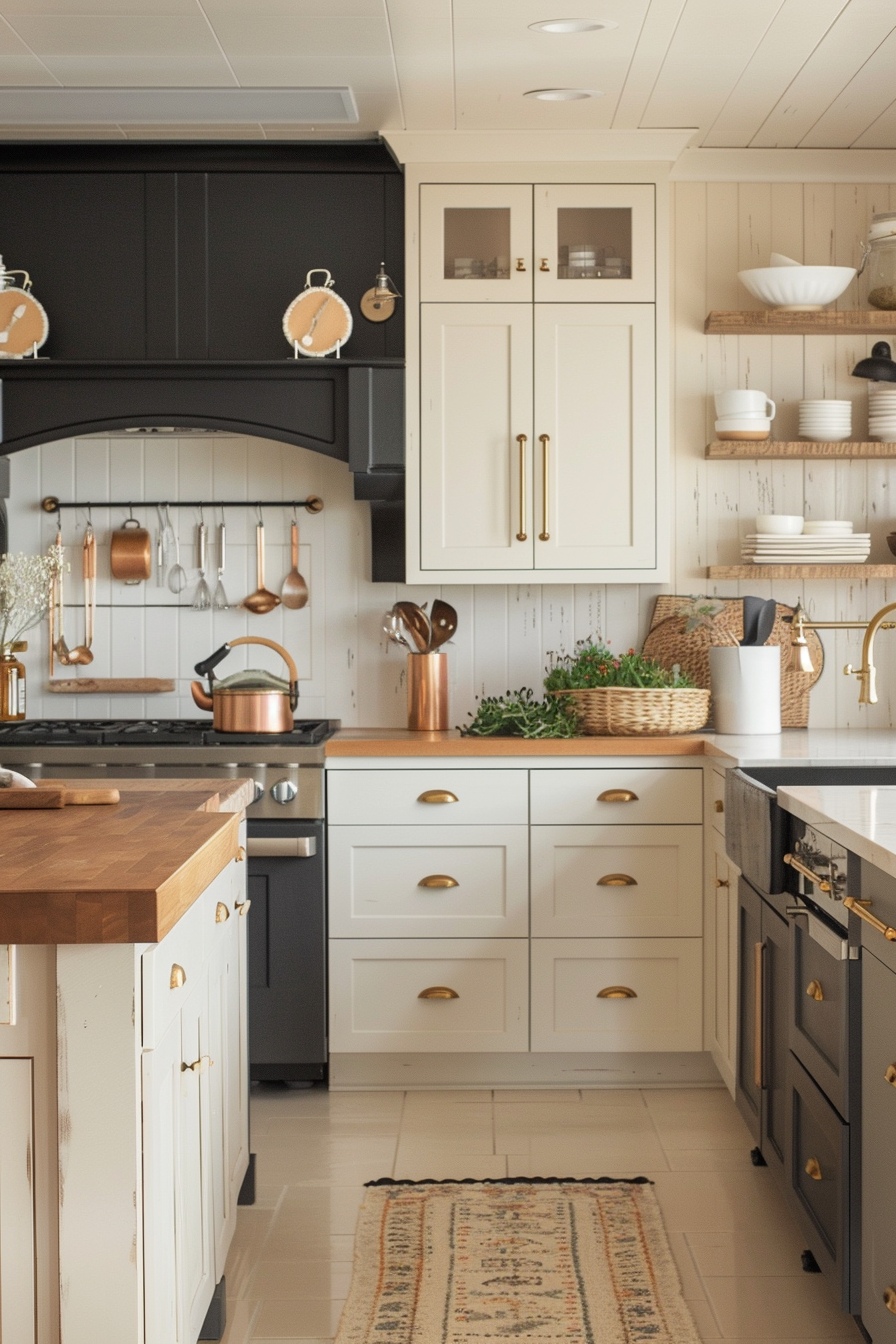 A cozy kitchen interior with black and white cabinetry, copper accents, wooden countertops, and a patterned rug.