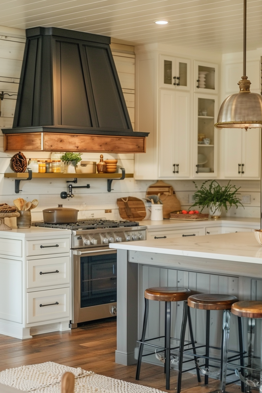 A cozy kitchen interior with white cabinetry, a dark range hood, a gas stove, and a kitchen island with wooden stools.