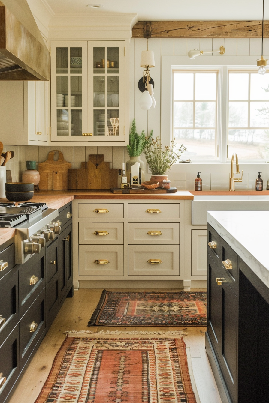 A cozy kitchen interior with white cabinetry, black appliances, gold hardware, and a decorative rug on wooden flooring.
