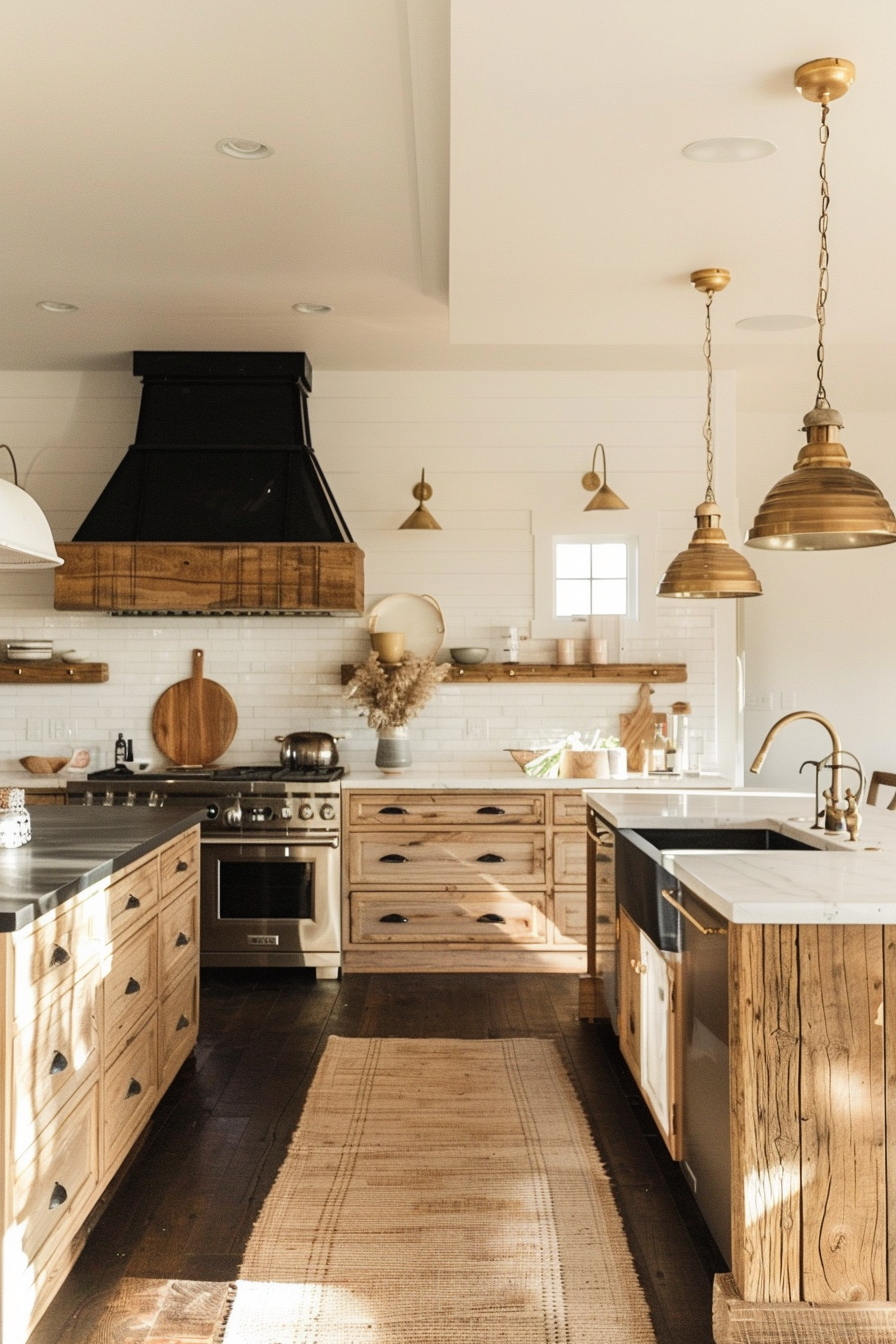 A cozy kitchen interior with wooden cabinets, a central island, brass pendant lights, and white subway tile backsplash.