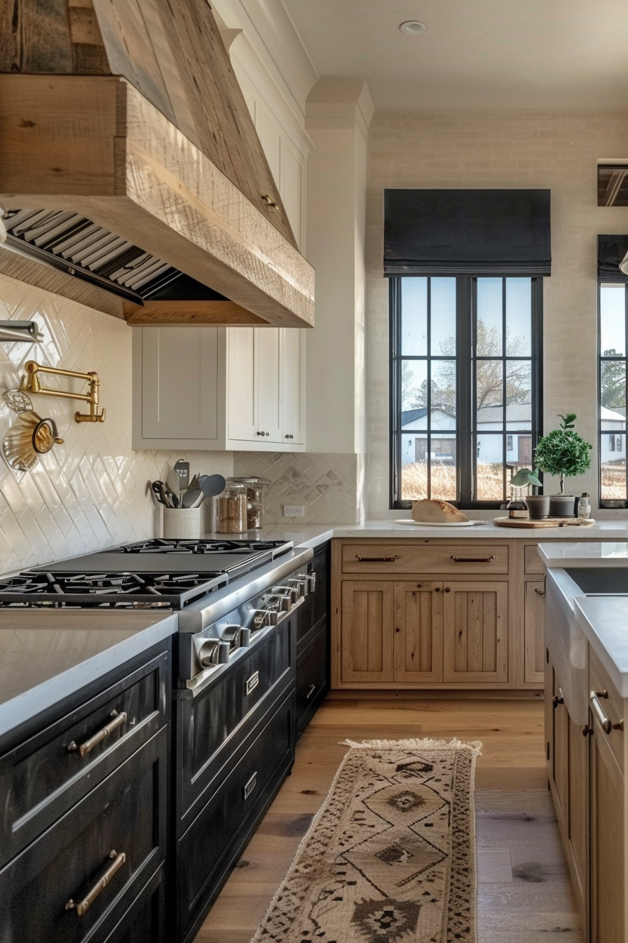 Modern kitchen with black range, white subway tile backsplash, wood cabinets, and a patterned rug on hardwood floor.