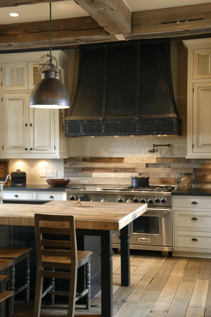 A rustic kitchen with beige cabinetry, a large steel range, wooden countertops, and a hanging industrial-style pendant light.