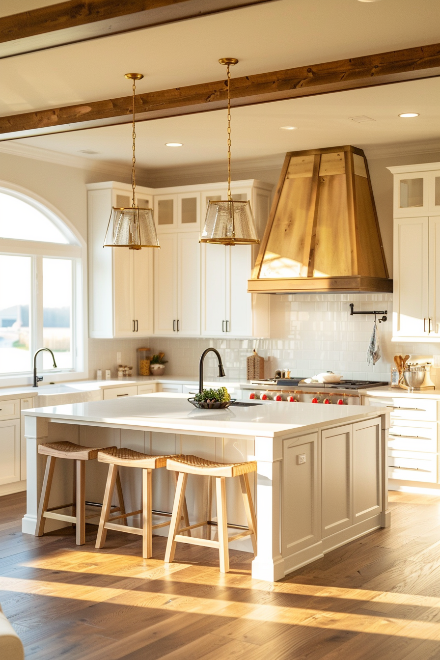 Bright, modern kitchen with white cabinetry, wooden beams, pendant lighting, and a central island with bar stools.