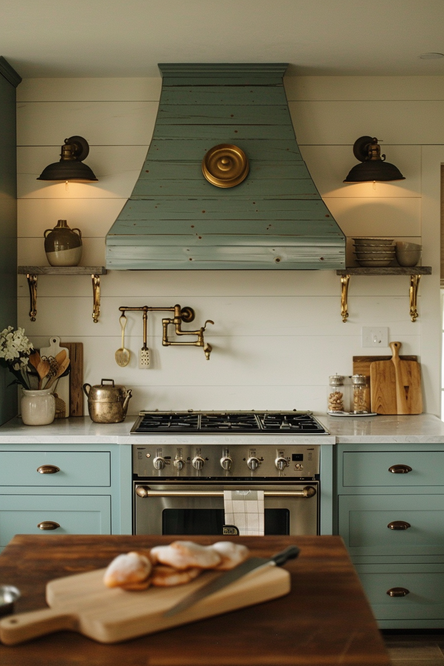 Country-style kitchen with a teal range hood, bronze fixtures, a steel stove, and wooden countertops with a cutting board and pastries.