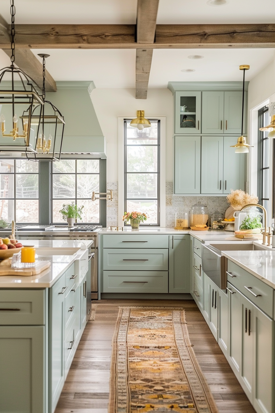 Modern kitchen with pastel green cabinets, wooden beams, and elegant lighting fixtures with a warm, welcoming ambiance.