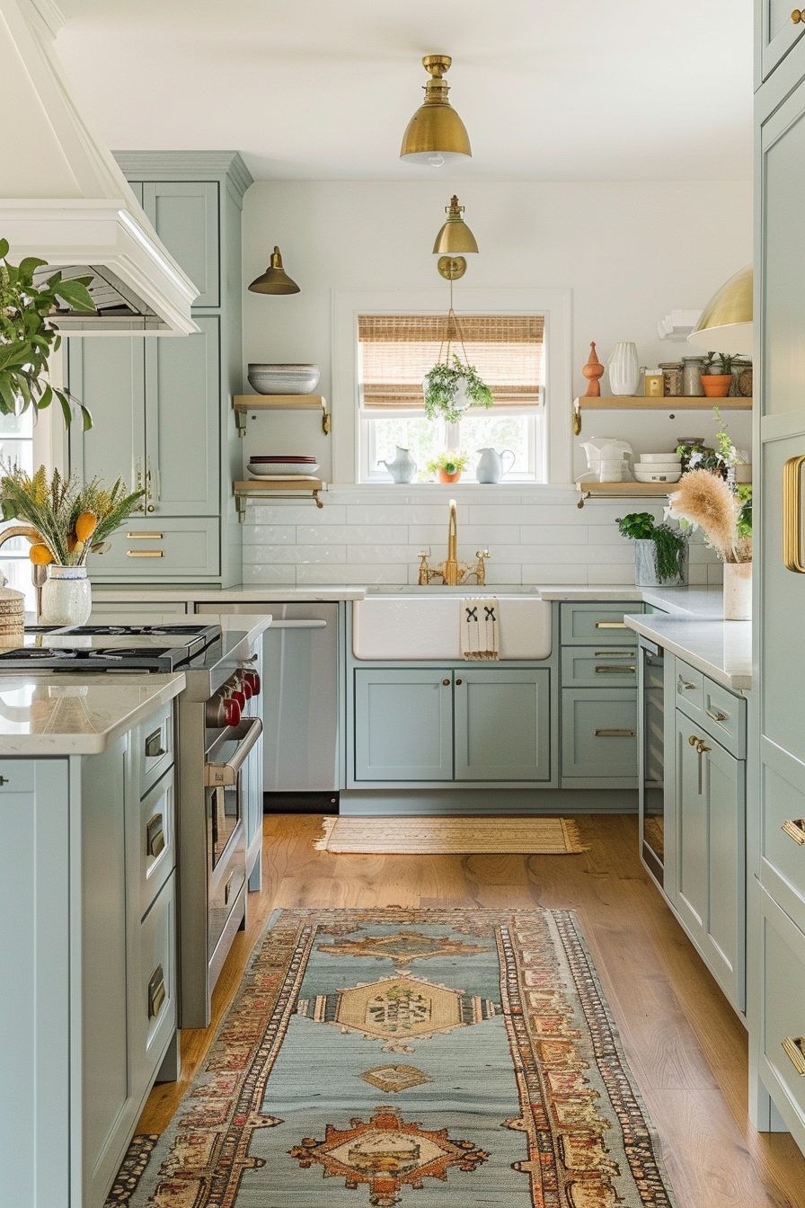 A cozy, well-lit kitchen with sage green cabinetry, brass fixtures, white subway tiles, and a decorative rug on a hardwood floor.