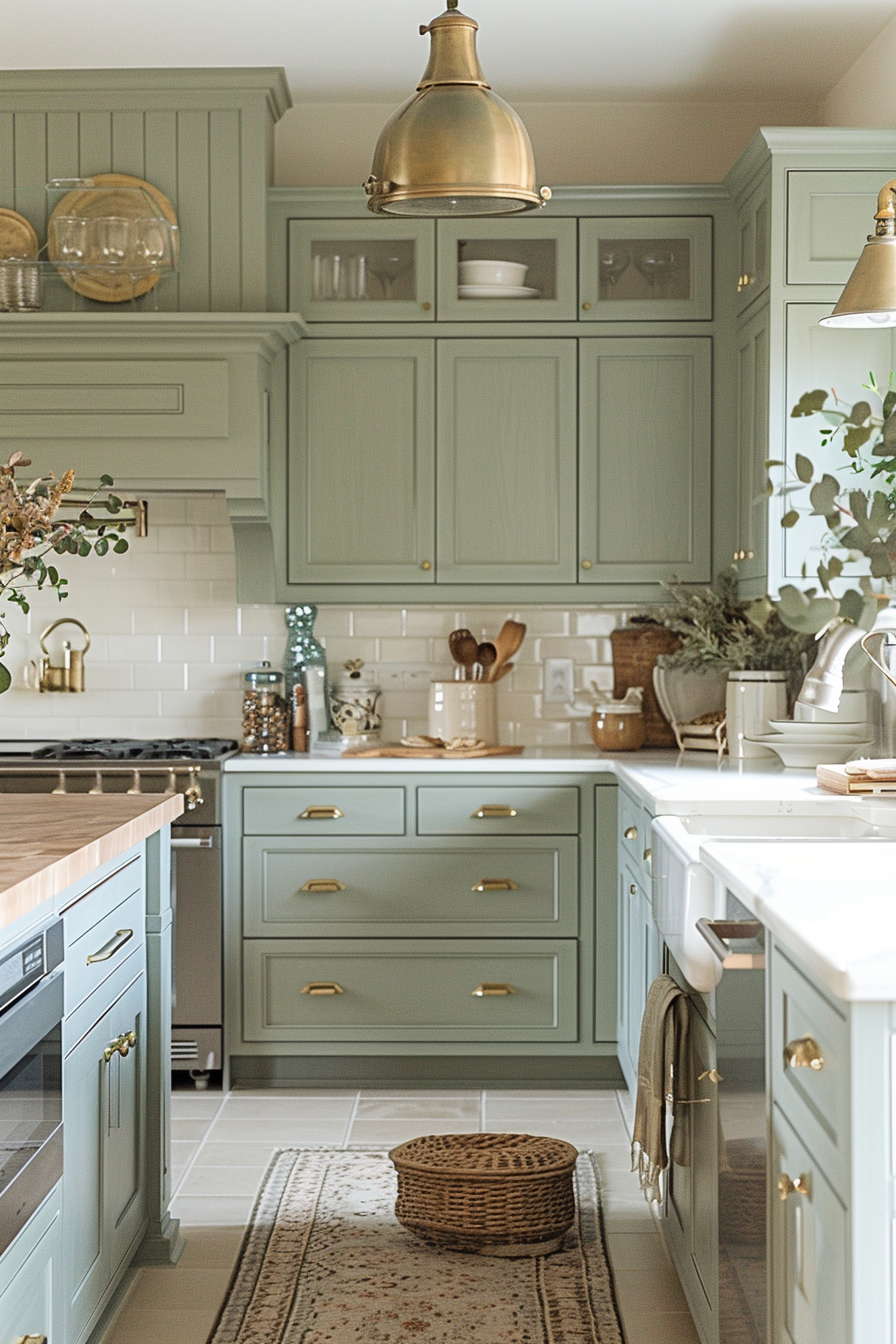 A bright, stylish kitchen with sage green cabinetry, brass fixtures, white subway tiles, and wooden countertops.