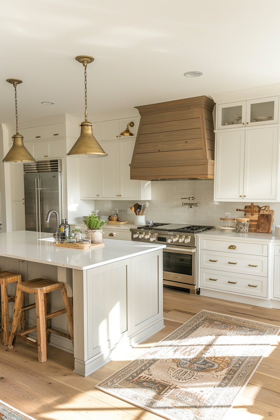 Bright, modern kitchen with white cabinetry, brass fixtures, wooden accents, and a central island with bar stools.