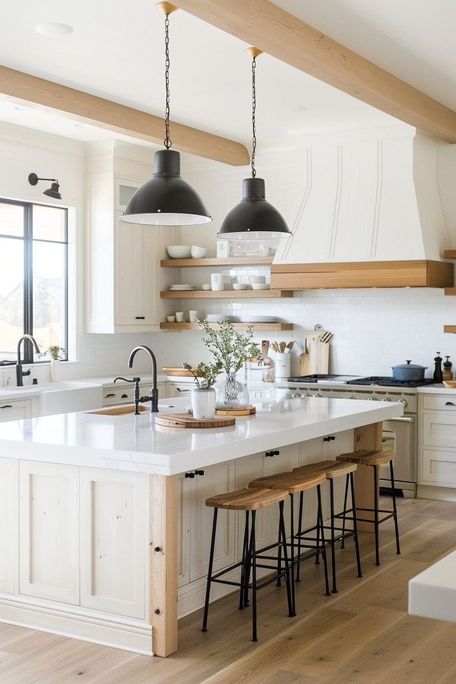 A bright, modern kitchen with white cabinets, a central island with wooden stools, pendant lights, and open shelving.